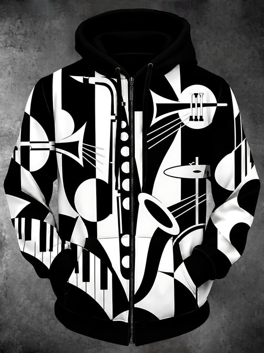Adaychic Men's Graphic Musical Instruments Print Long Sleeve Zip-Up Hoodie