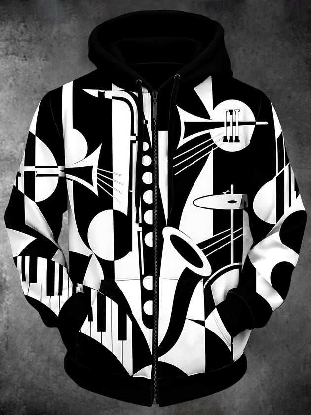 Adaychic Men's Graphic Musical Instruments Print Long Sleeve Zip-Up Hoodie