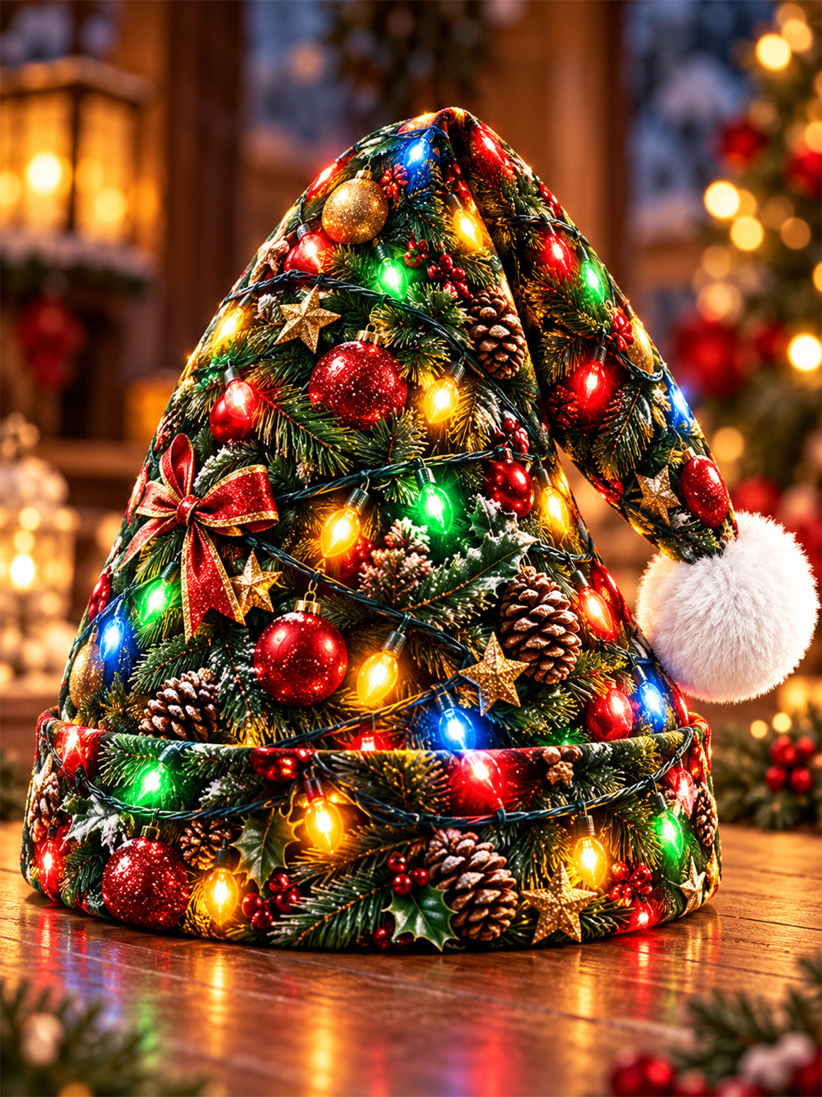 Adaychic Men's Printed Christmas Tree Motif With Ornaments And Lights Print Hat