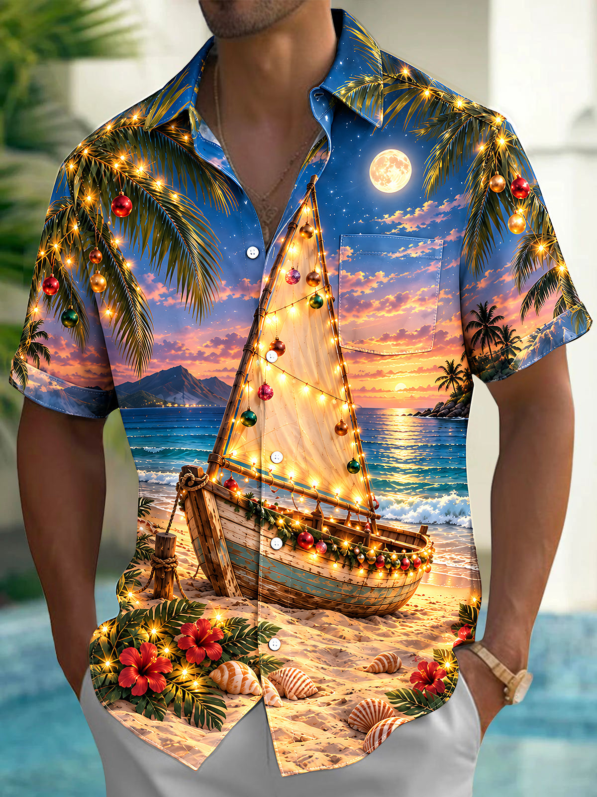 Adaychic Men's Short Sleeve Shirt - Christmas Sailboat And Ornaments On Beach Print with Chest Pocket