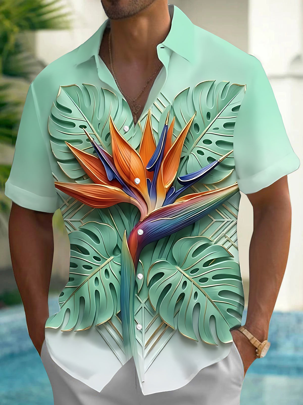 Adaychic Men's Short Sleeve Shirt - Bird Of Paradise Flower And Monstera Leaves Print with Chest Pocket