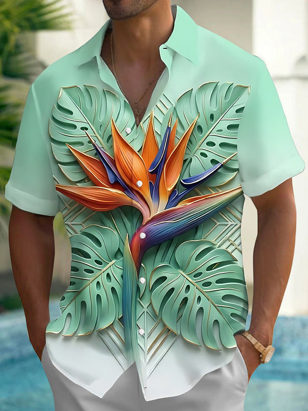 Adaychic Men's Short Sleeve Shirt - Bird Of Paradise Flower And Monstera Leaves Print with Chest Pocket