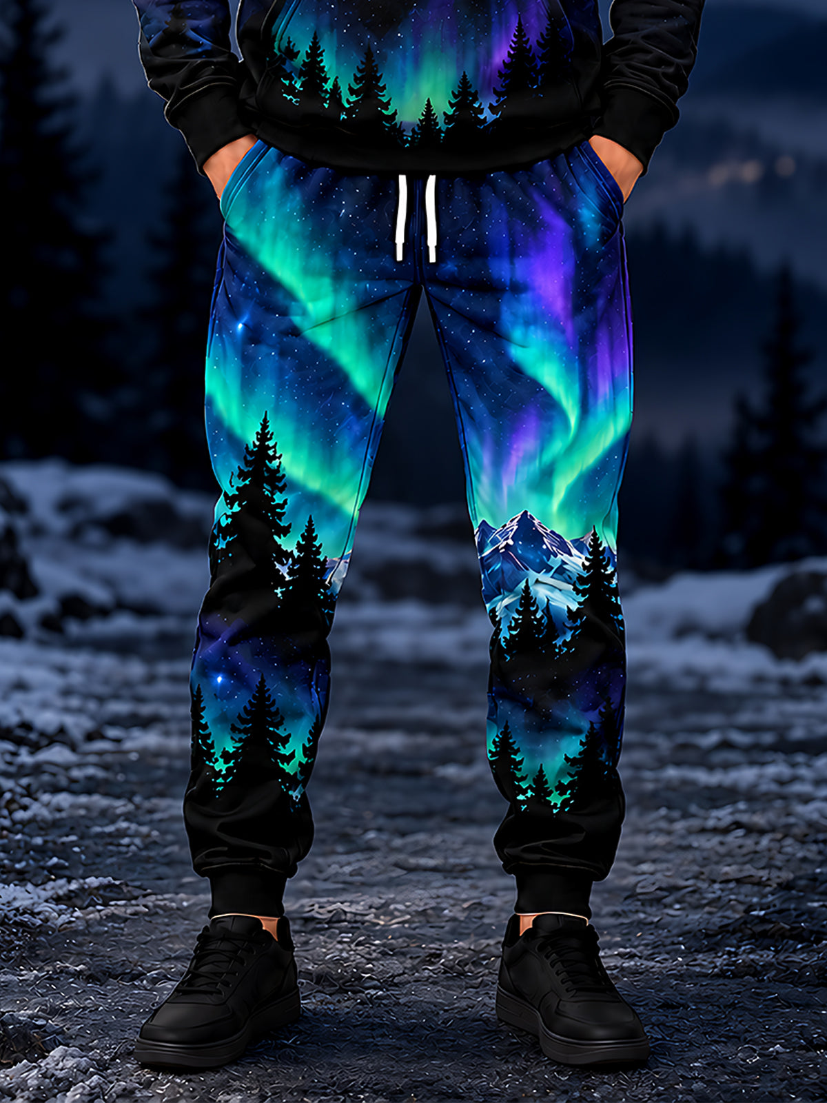 Adaychic Men's Pants - Aurora Borealis Night Sky With Pine Trees And Mountains Print