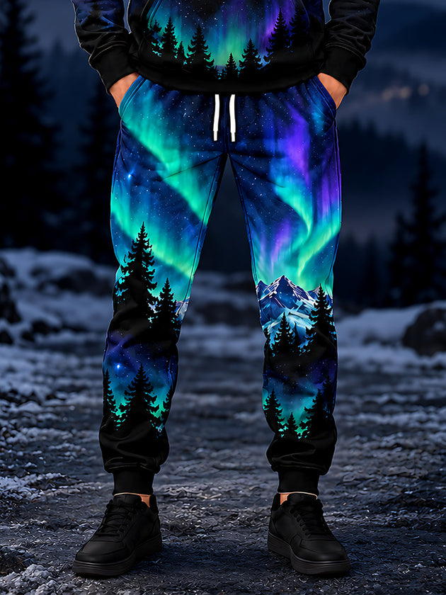 Adaychic Men's Pants - Aurora Borealis Night Sky With Pine Trees And Mountains Print