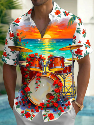 Adaychic Men's Hawaiian Drum Set With Red Flowers Print Short Sleeve Shirt with Chest Pocket