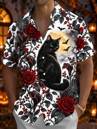 Adaychic Men's Halloween Black Cat With Bats And Moon Print Short Sleeve Shirt with Chest Pocket