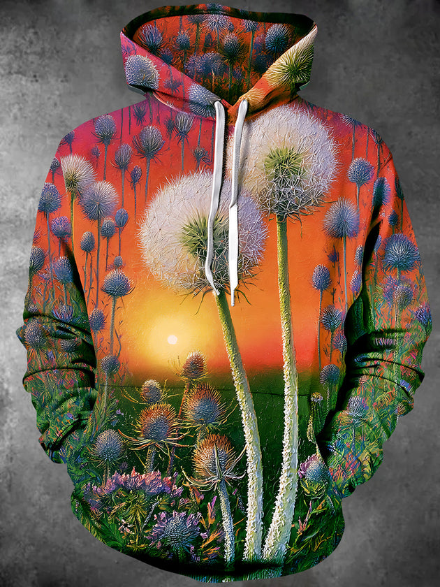 Adaychic Men's Printed Dandelion Field At Sunset Print Long Sleeve Hoodie