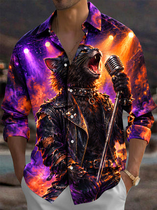 Adaychic Men's Long Sleeve Shirt - Rock Black Cat With Microphone And Leather Jacket Print with Chest Pocket