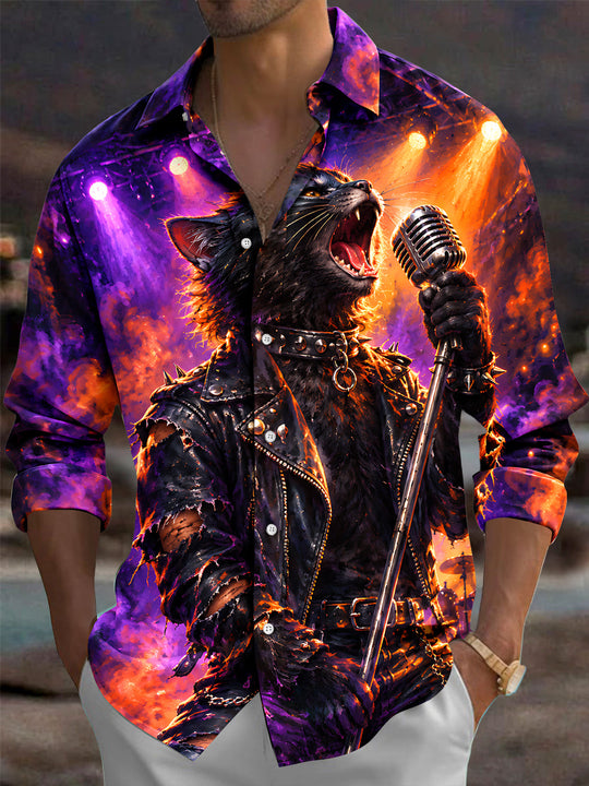 Adaychic Men's Long Sleeve Shirt - Rock Black Cat With Microphone And Leather Jacket Print with Chest Pocket