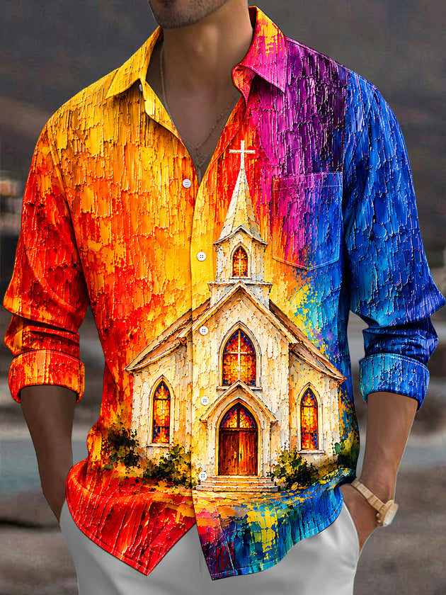 Adaychic Men's Long Sleeve Shirt - Church Building With Cross And Stained Glass Windows Print with Chest Pocket