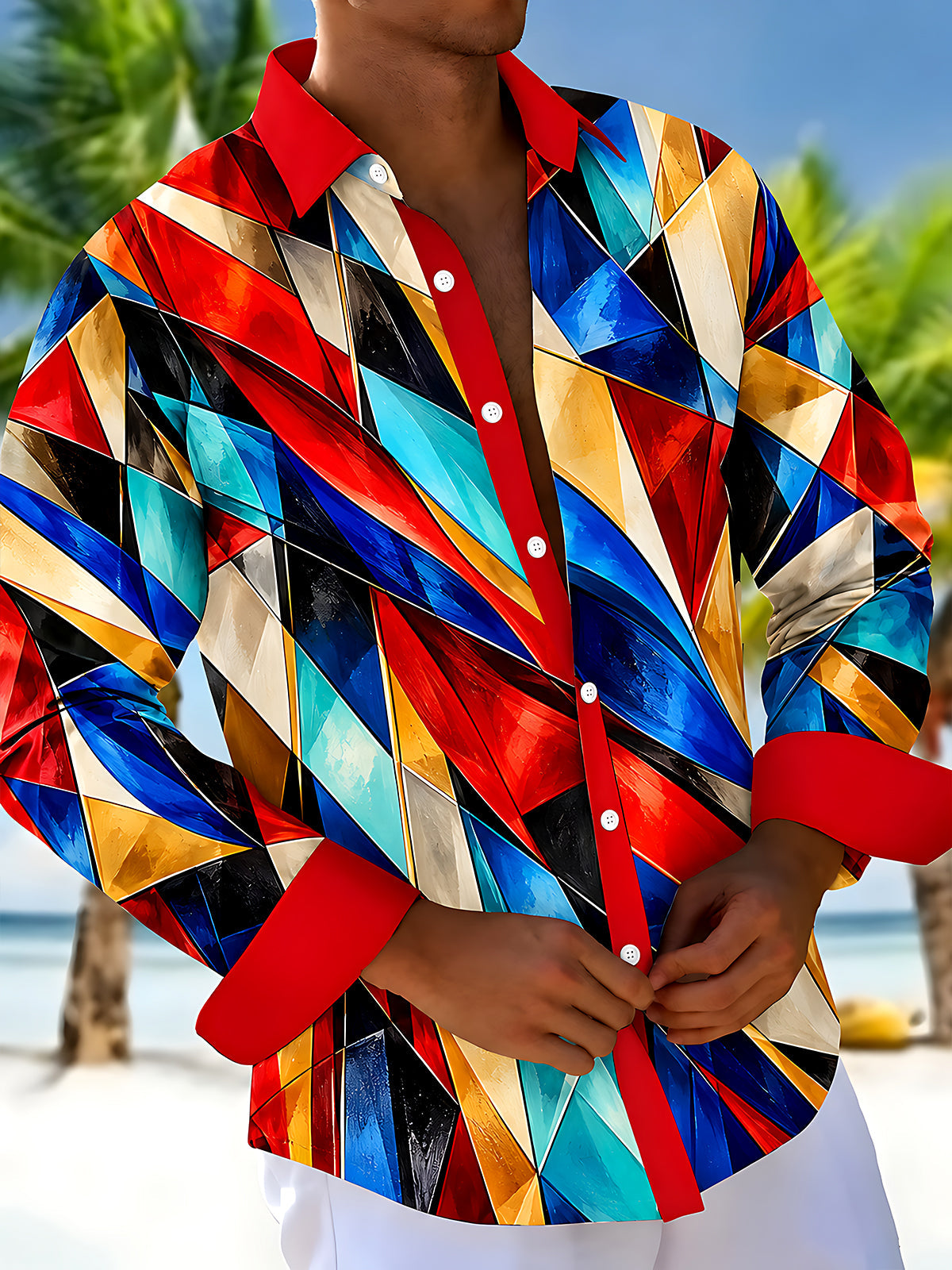 Adaychic Men's Colorful Geometric Abstract Shapes Print Long Sleeve Shirt with Chest Pocket