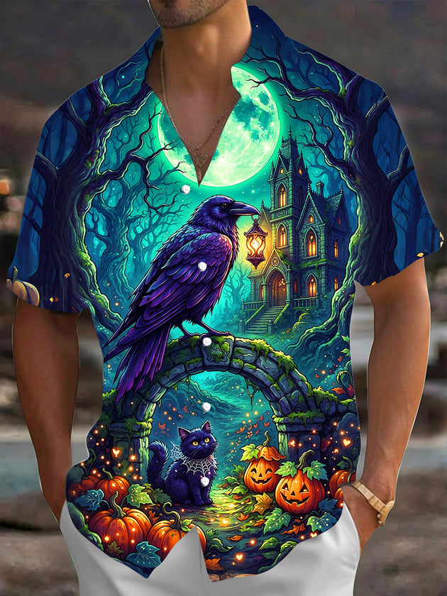 Adaychic Men's Halloween Black Cats And Pumpkins Print Short Sleeve Shirt with Chest Pocket
