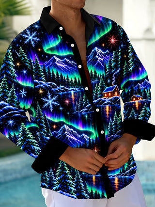 Adaychic Men's Long Sleeve Shirt - Aurora Borealis And Snowy Mountain Landscape Print with Chest Pocket