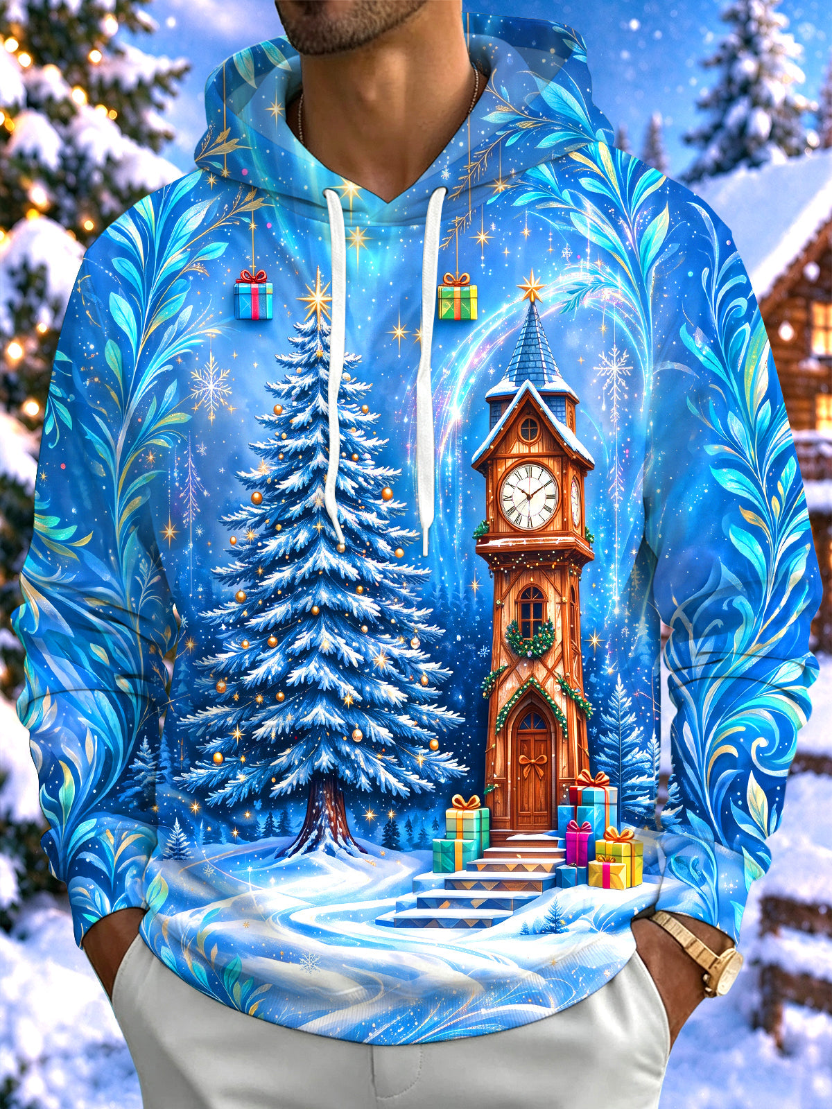 Adaychic Men's Long Sleeve Pullover Hoodie - Snowy Christmas Tree And Clock Tower Print with Kangaroo Pocket