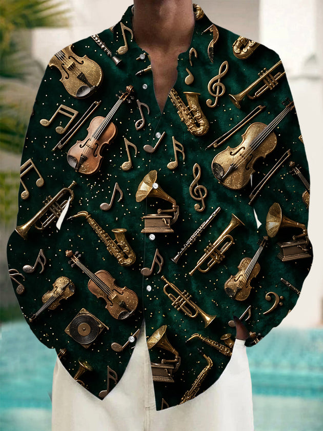 Adaychic Men's Vintage Musical Instruments And Notes Print Long Sleeve Shirt with Chest Pocket