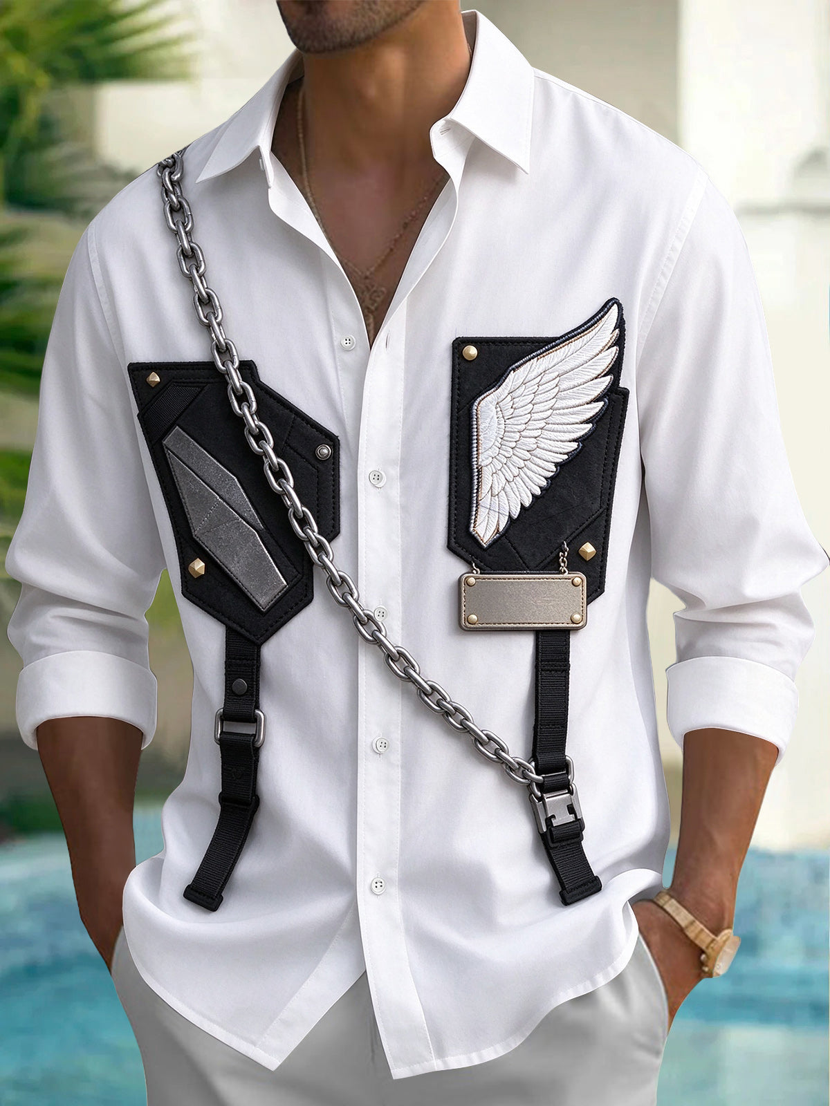 Adaychic Men's Winged Emblem And Geometric Shield Print Long Sleeve Shirt with Chest Pocket