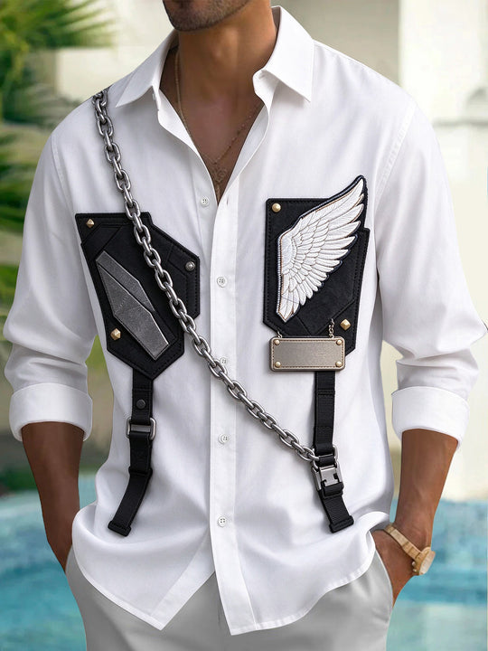 Adaychic Men's Winged Emblem And Geometric Shield Print Long Sleeve Shirt with Chest Pocket