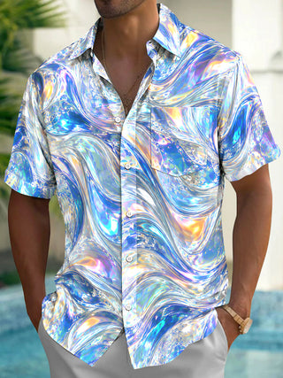 Adaychic Men's Printed Abstract Iridescent Swirls Print Short Sleeve Shirt with Chest Pocket