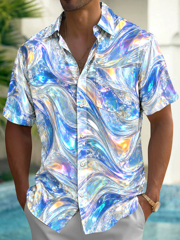 Adaychic Men's Printed Abstract Iridescent Swirls Print Short Sleeve Shirt with Chest Pocket