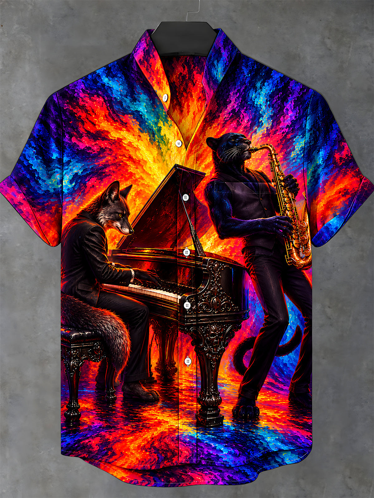 Adaychic Men's Short Sleeve Shirt - Anthropomorphic Wolf And Black Panther Musicians Print with Chest Pocket