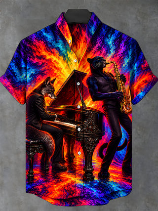 Adaychic Men's Short Sleeve Shirt - Anthropomorphic Wolf And Black Panther Musicians Print with Chest Pocket