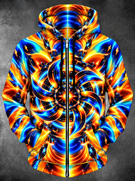 Adaychic Men's Abstract Neon Geometric Swirls Print Long Sleeve Zip-Up Hoodie with Kangaroo Pocket