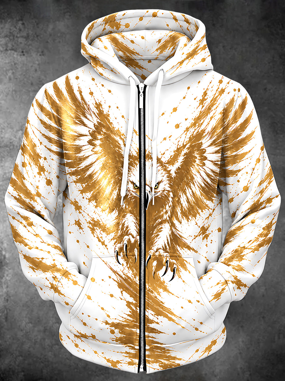 Adaychic Men's Long Sleeve Zip-Up Hoodie - Golden Eagle With Spread Wings And Claws Print