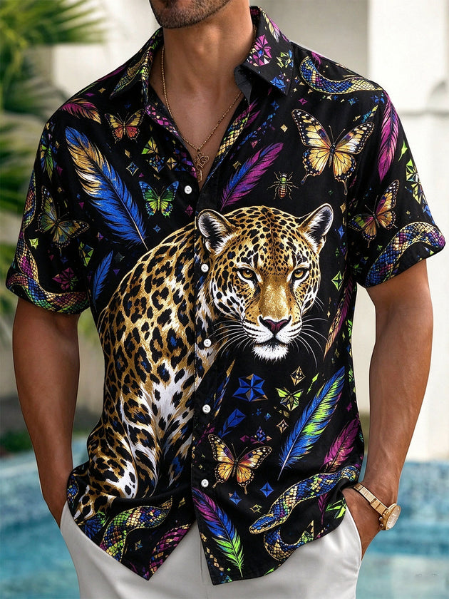 Adaychic Men's Leopard And Butterflies Print Short Sleeve Shirt with Chest Pocket