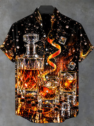 Adaychic Men's Short Sleeve Stand Collar Shirt - Whiskey Decanter And Glasses With Ice Cubes Print with Chest Pocket