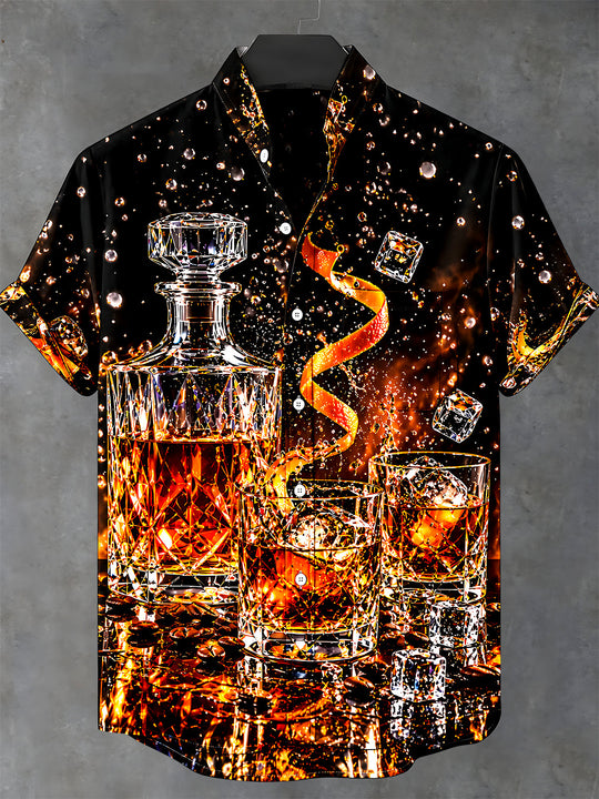 Adaychic Men's Short Sleeve Stand Collar Shirt - Whiskey Decanter And Glasses With Ice Cubes Print with Chest Pocket