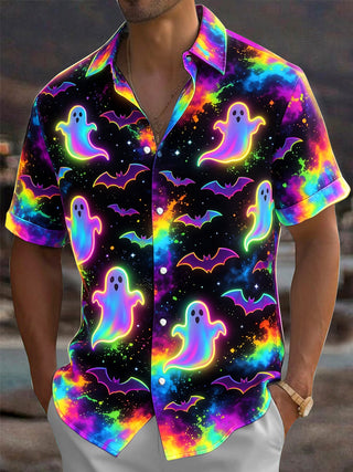 Adaychic Men's Graphic Halloween Neon Ghosts And Bats Print Short Sleeve Shirt with Chest Pocket