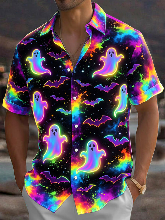 Adaychic Men's Graphic Halloween Neon Ghosts And Bats Print Short Sleeve Shirt with Chest Pocket