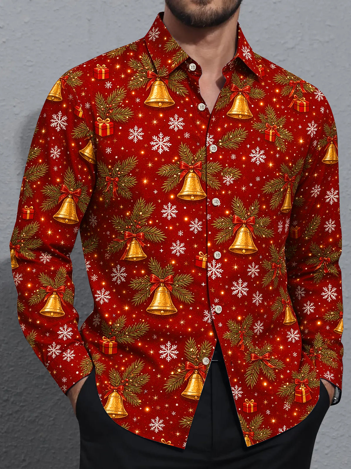 Adaychic Men's Christmas Golden Bells And Pine Branches Print Long Sleeve Shirt with Chest Pocket