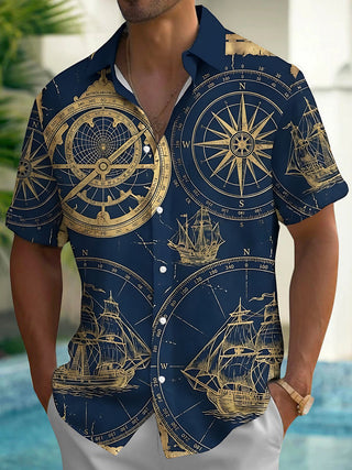 Adaychic Men's Hawaiian Vintage Compass Rose Print Short Sleeve Shirt with Chest Pocket