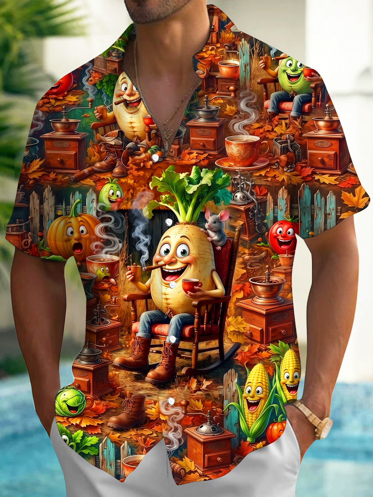 Adaychic Men's Cartoon Vegetables And Coffee Party Print Short Sleeve Shirt with Chest Pocket