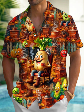 Adaychic Men's Cartoon Vegetables And Coffee Party Print Short Sleeve Shirt with Chest Pocket