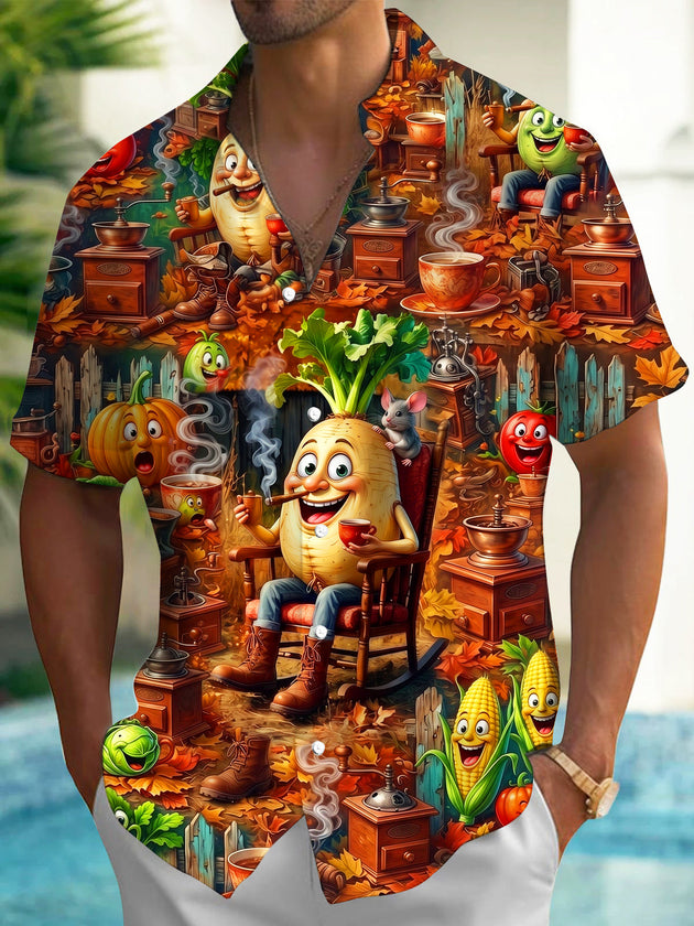 Adaychic Men's Cartoon Vegetables And Coffee Party Print Short Sleeve Shirt with Chest Pocket