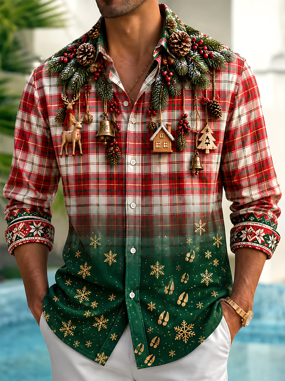 Adaychic Men's Long Sleeve Shirt - Christmas Plaid With Pine Branches And Ornaments Print with Chest Pocket