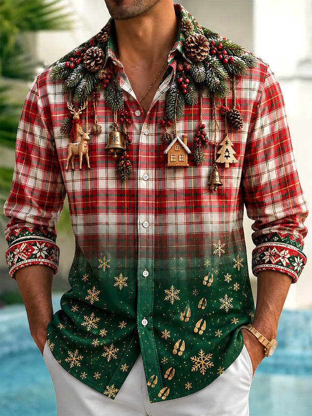 Adaychic Men's Long Sleeve Shirt - Christmas Plaid With Pine Branches And Ornaments Print with Chest Pocket