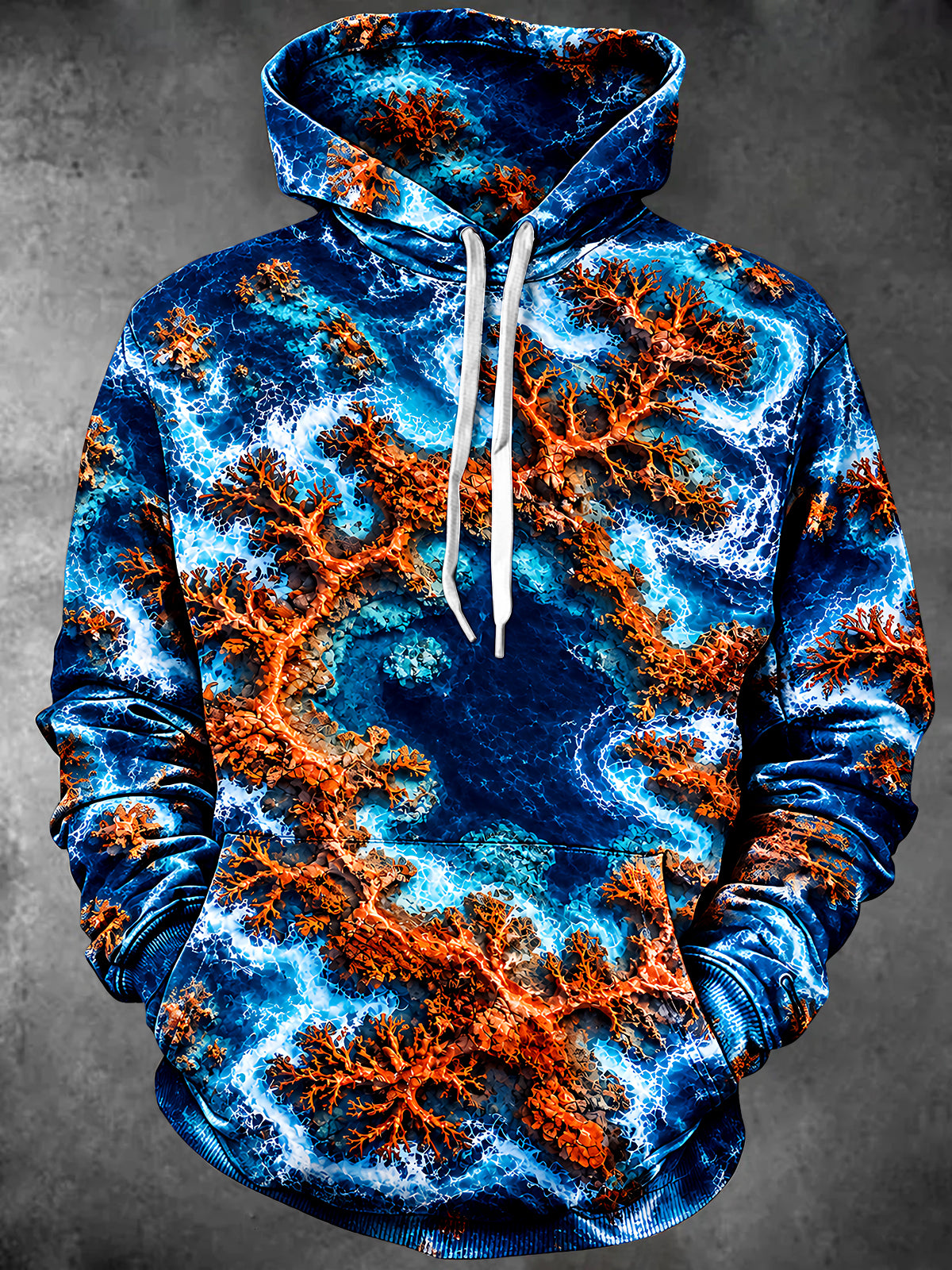 Adaychic Men's Printed Underwater Corals Print Long Sleeve Hoodie