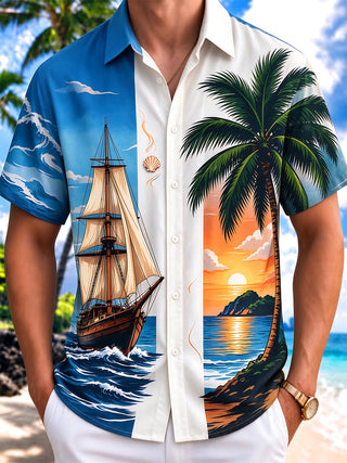 Adaychic Men's Sailing Ship And Palm Tree Sunset Print Short Sleeve Shirt with Chest Pocket