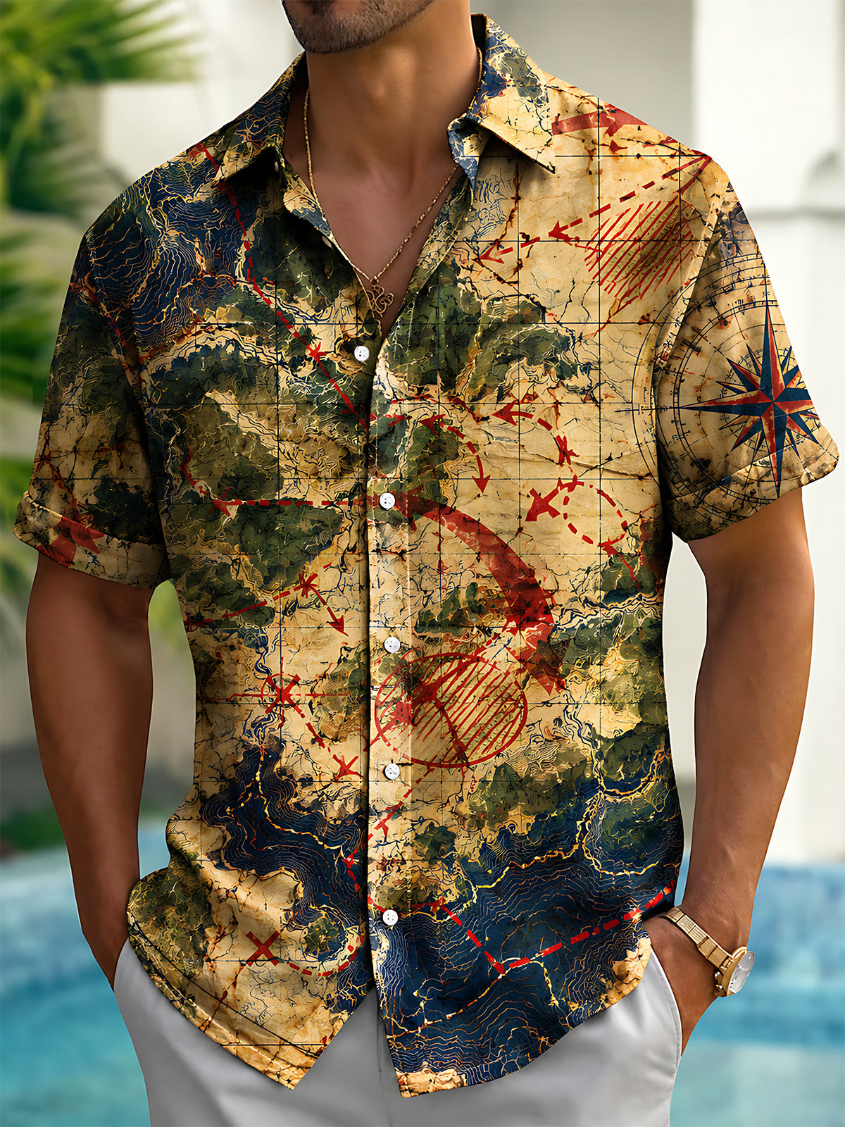 Adaychic Men's Short Sleeve Shirt - Vintage Map With Compass Rose And Topography Print with Chest Pocket