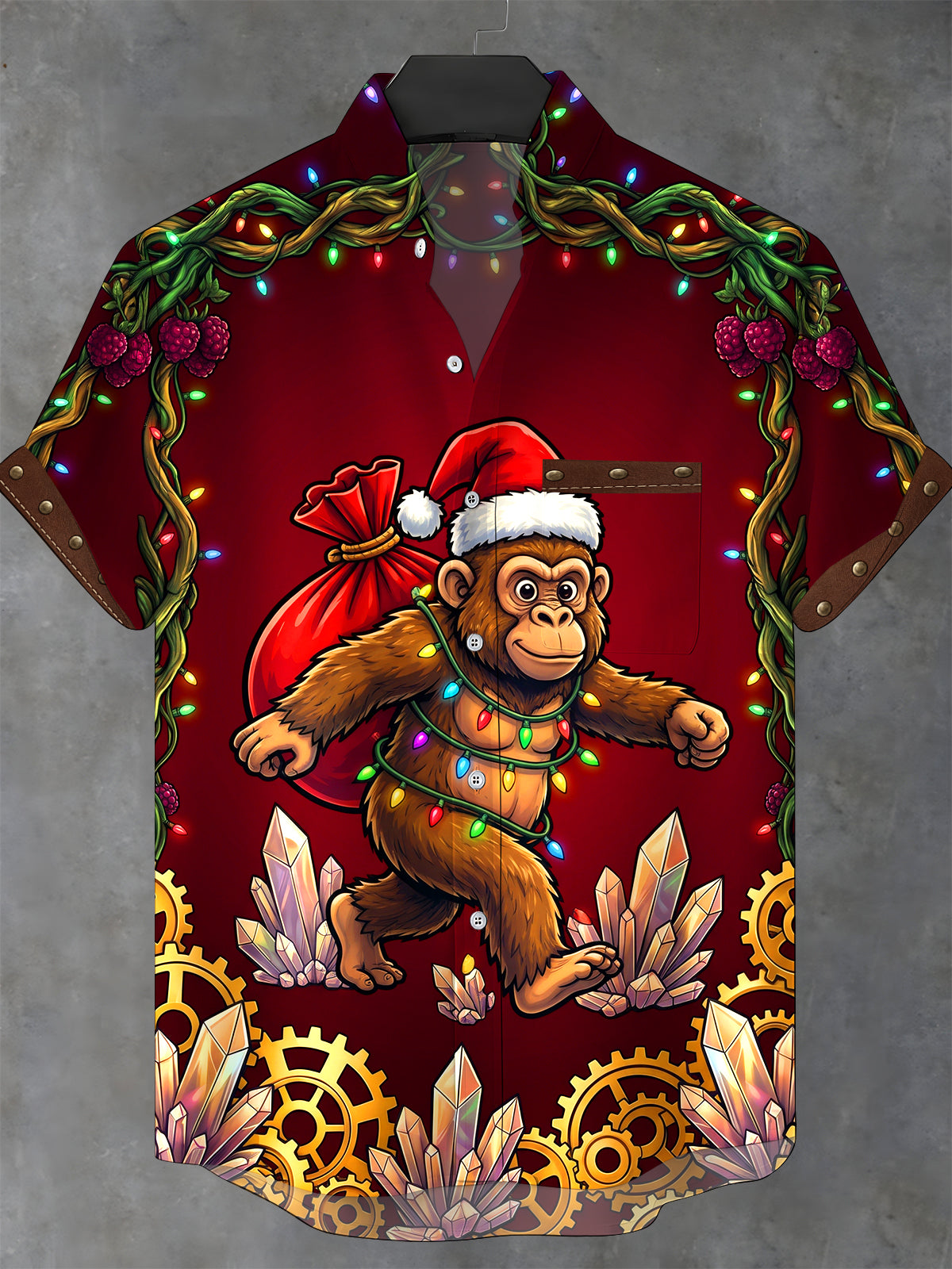 Adaychic Men's Short Sleeve Stand Collar Shirt - Monkey Wearing Santa Hat And Christmas Lights Carrying A Sack Print with Chest Pocket