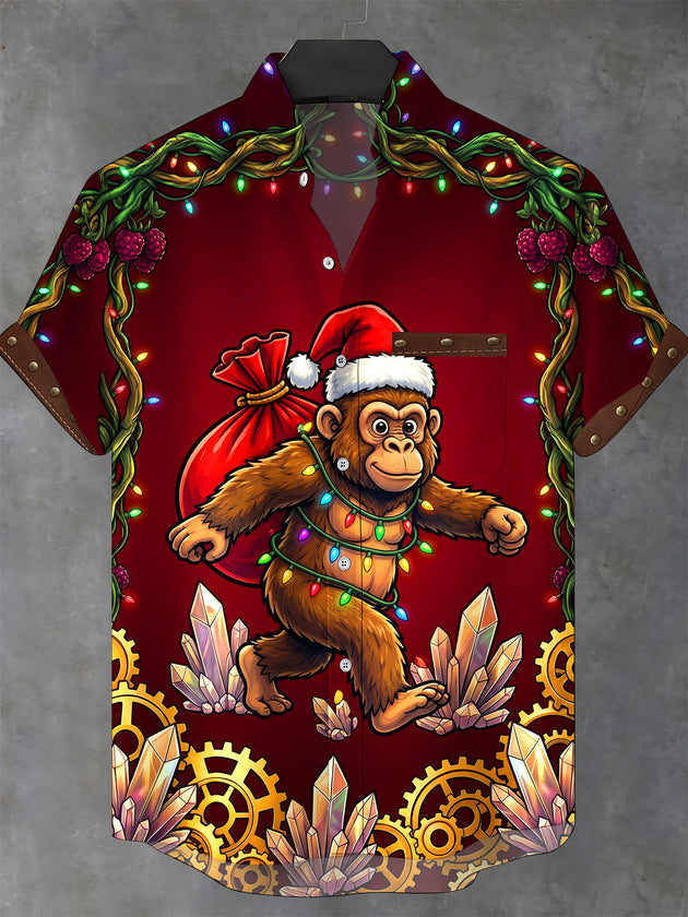 Adaychic Men's Short Sleeve Stand Collar Shirt - Monkey Wearing Santa Hat And Christmas Lights Carrying A Sack Print with Chest Pocket