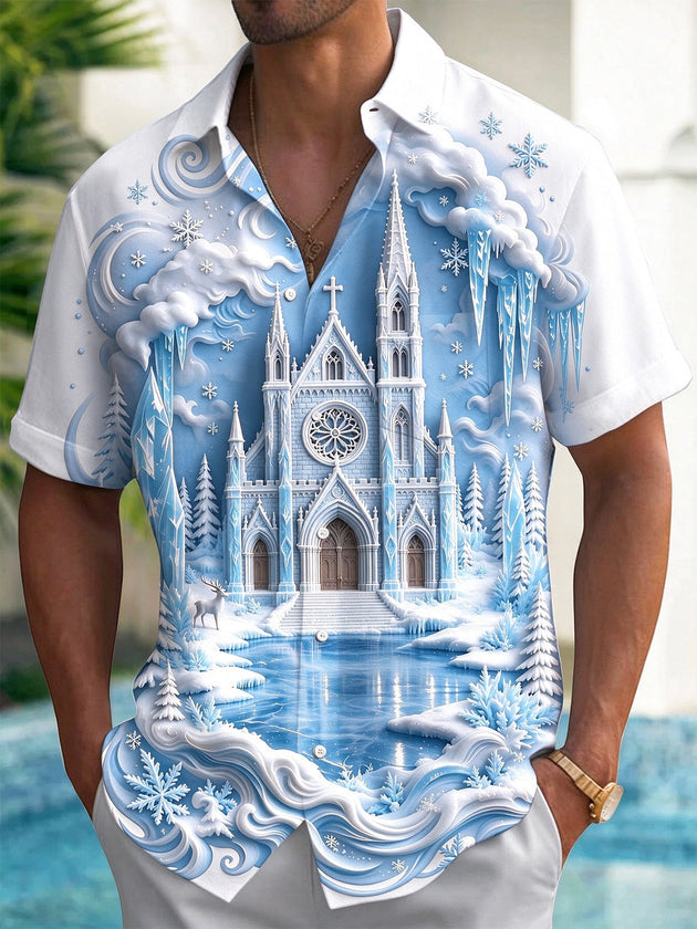 Adaychic Men's Graphic Ice Castle And Winter Landscape Print Short Sleeve Shirt with Chest Pocket