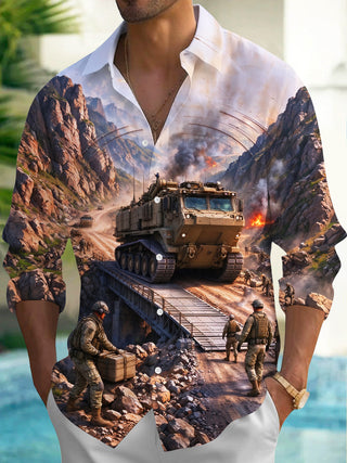 Adaychic Men's Long Sleeve Shirt - Military Combat Scene With Armored Vehicle And Soldiers Print with Chest Pocket