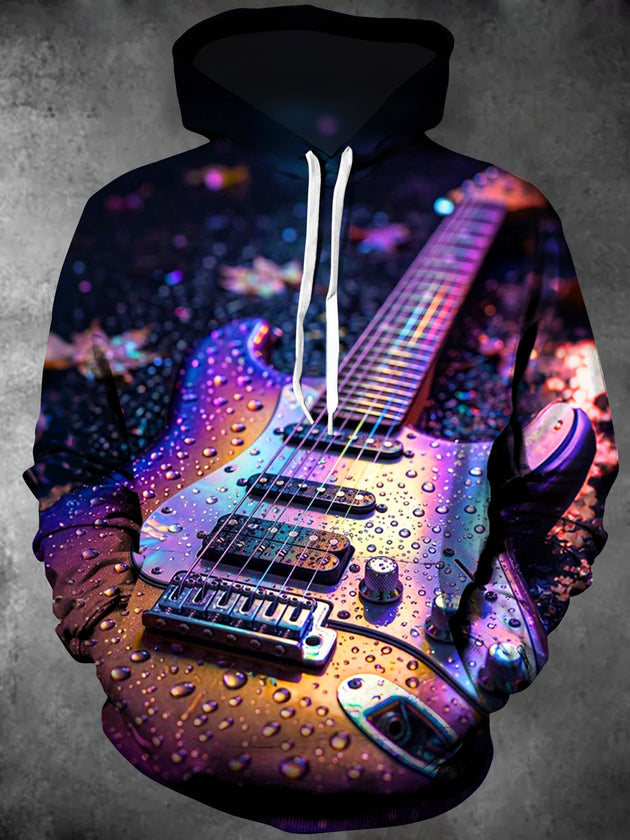 Adaychic Men's Long Sleeve Hoodie - Colorful Electric Guitar With Water Droplets Print