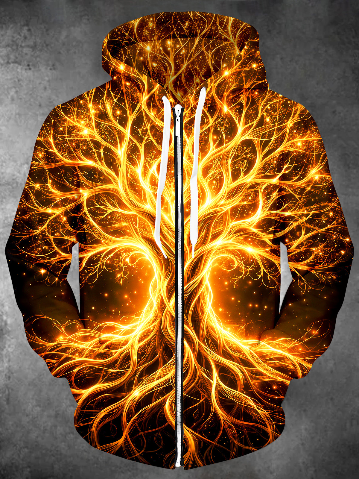 Adaychic Men's Long Sleeve Zip-Up Hoodie - Glowing Tree Of Life With Fractal Branches Print with Kangaroo Pocket