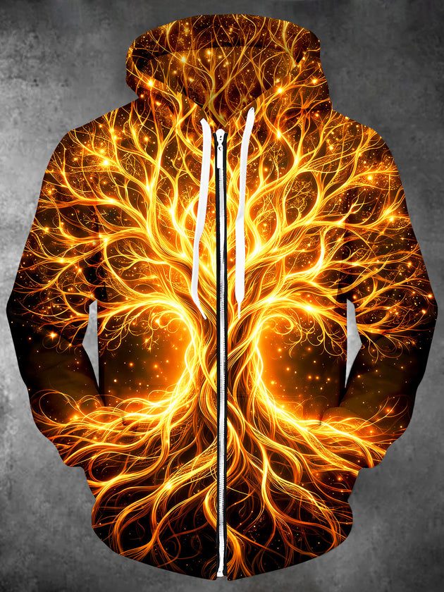 Adaychic Men's Long Sleeve Zip-Up Hoodie - Glowing Tree Of Life With Fractal Branches Print with Kangaroo Pocket