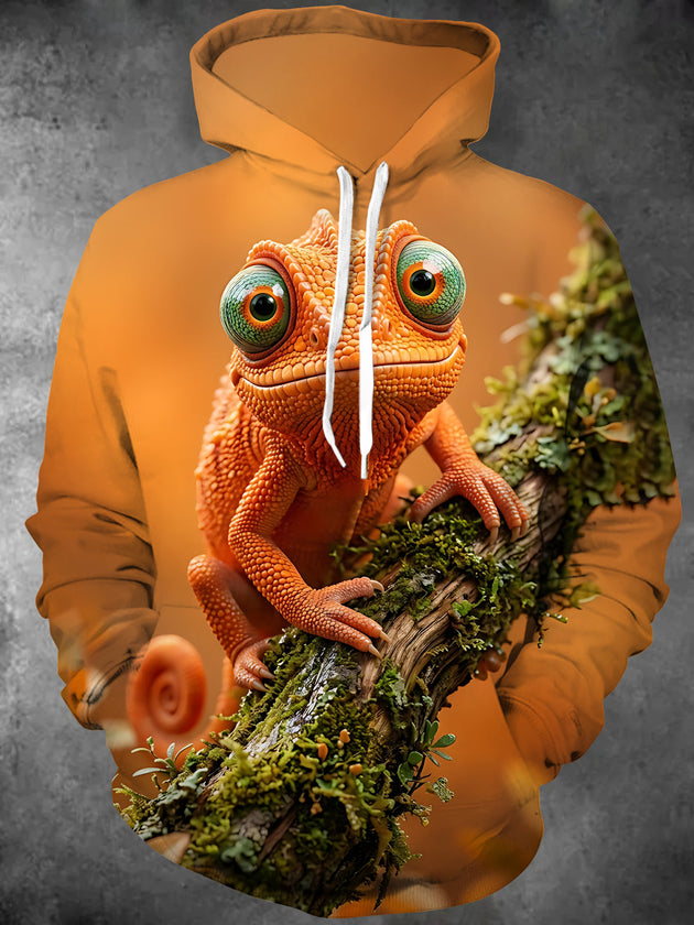 Adaychic Men's 3D Orange Chameleon On Mossy Branch Print Long Sleeve Hoodie